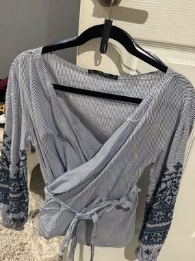 Zara Basic Blue & White Striped Wrap Blouse